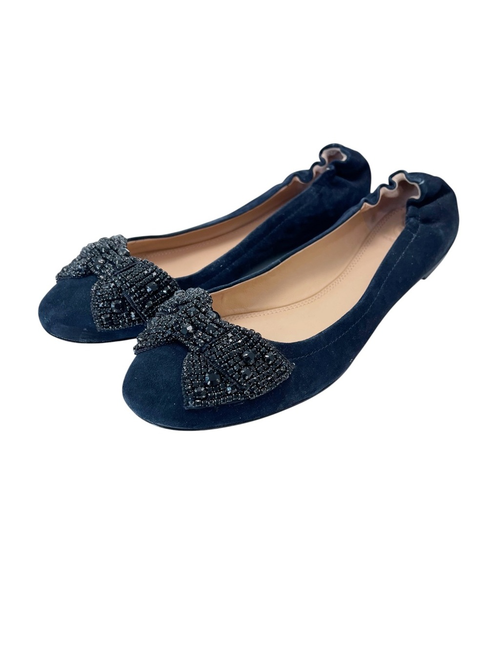 Tory Burch Sz 10 Bonneville Navy Suede Ballet Flats with Beaded Bow Round Toe - Picture 2 of 7